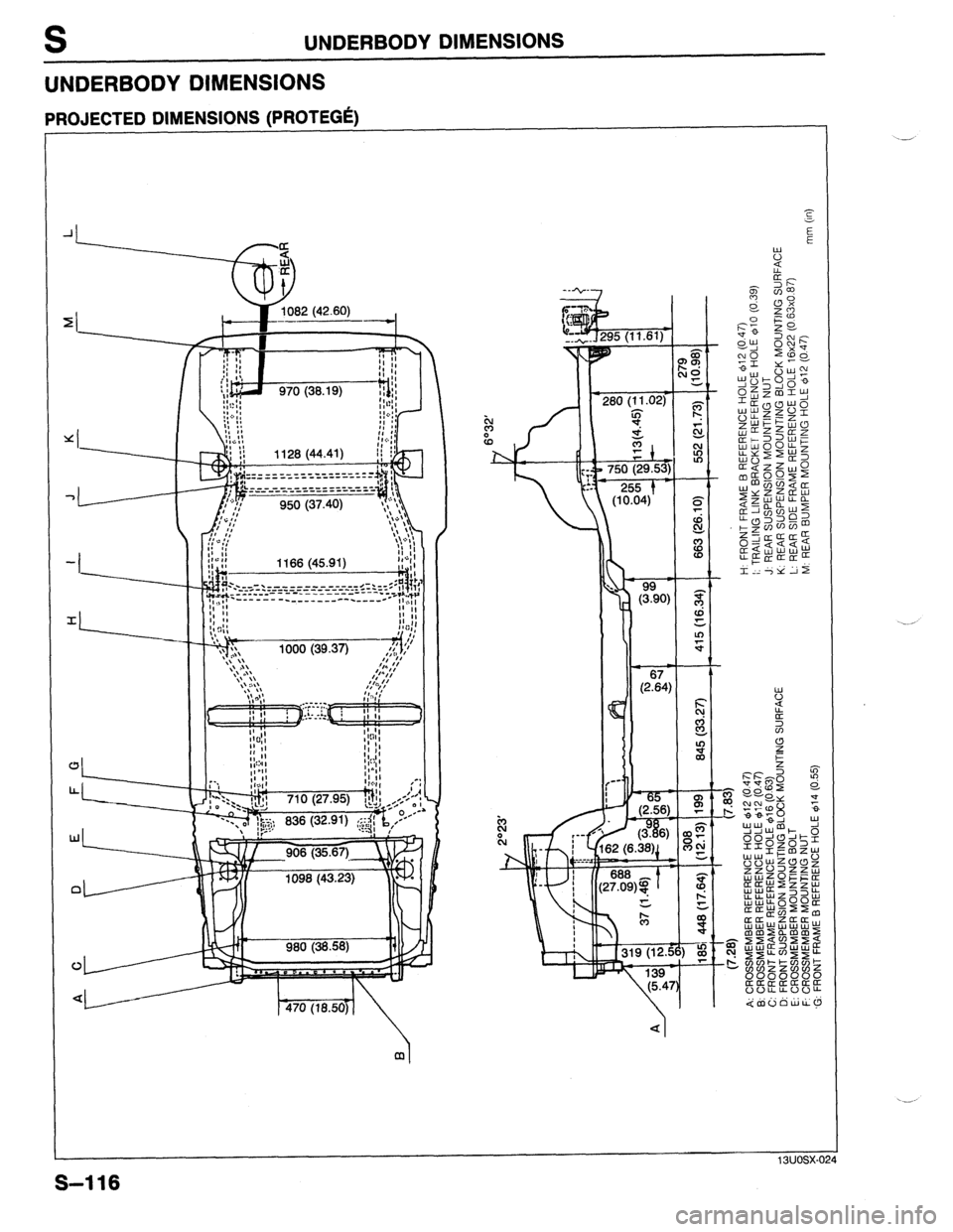MAZDA 323 1989  Factory Repair Manual S UNDERBODY DIMENSIONS 
UNDERBODY DIMENSIONS 
PROJECTED DIMENSIONS (PROTEGh 
~rnoowu~ 
‘_, 
S-116  