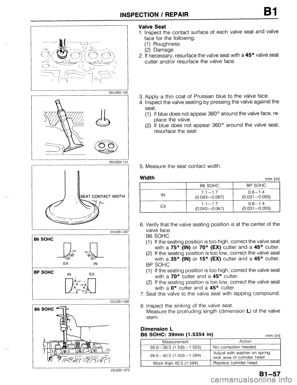 MAZDA 323 1989 Factory Repair Manual INSPECTION / REPAIR Bl
-- 05lJOBX-13
.- __--- 0
-_.--__I__
--
05UOBX.131
B6 SOHC
EX
IN
BP SOHC --~ -____
03uoEI-09
--__.
86 SOHC -
23UOBl-073
Valve Seat
1, Inspect the contact surface o MAZDA 323 1989 Factory Repair Manual INSPECTION / REPAIR Bl
-- 05lJOBX-13
.- __--- 0
-_.--__I__
--
05UOBX.131
B6 SOHC
EX
IN
BP SOHC --~ -____
03uoEI-09
--__.
86 SOHC -
23UOBl-073
Valve Seat
1, Inspect the contact surface o