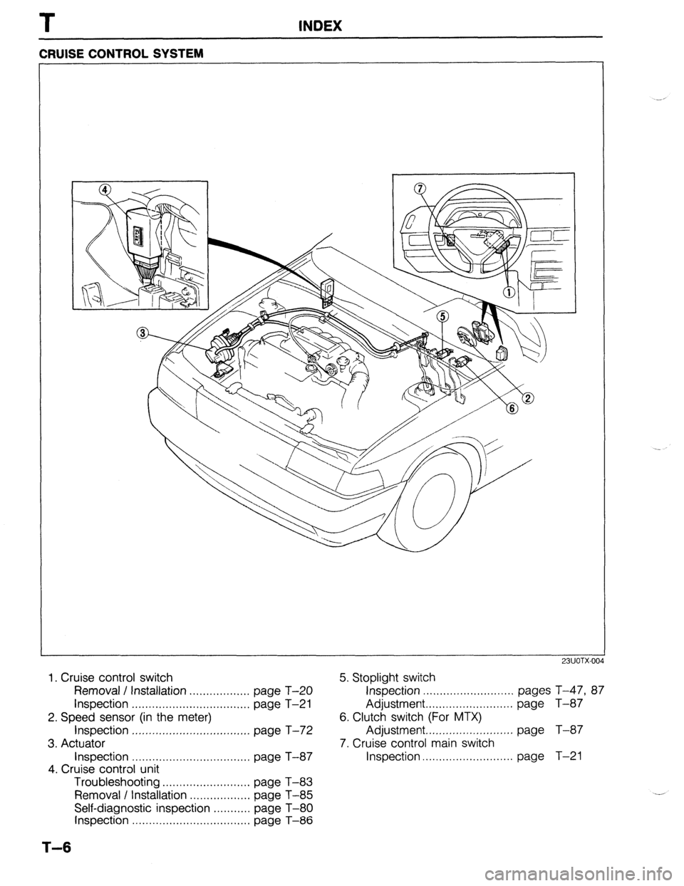 MAZDA 323 1989 Factory Repair Manual T INDEX
CRUISE CONTROL SYSTEM
23UOTX-004
1. Cruise control switch
Removal / Installation . . . . . . . . . . . . . . . . . . page T-20
Inspection . . . . . . . . . . . . . . . . . . . . . . . . . MAZDA 323 1989 Factory Repair Manual T INDEX
CRUISE CONTROL SYSTEM
23UOTX-004
1. Cruise control switch
Removal / Installation . . . . . . . . . . . . . . . . . . page T-20
Inspection . . . . . . . . . . . . . . . . . . . . . . . . .
