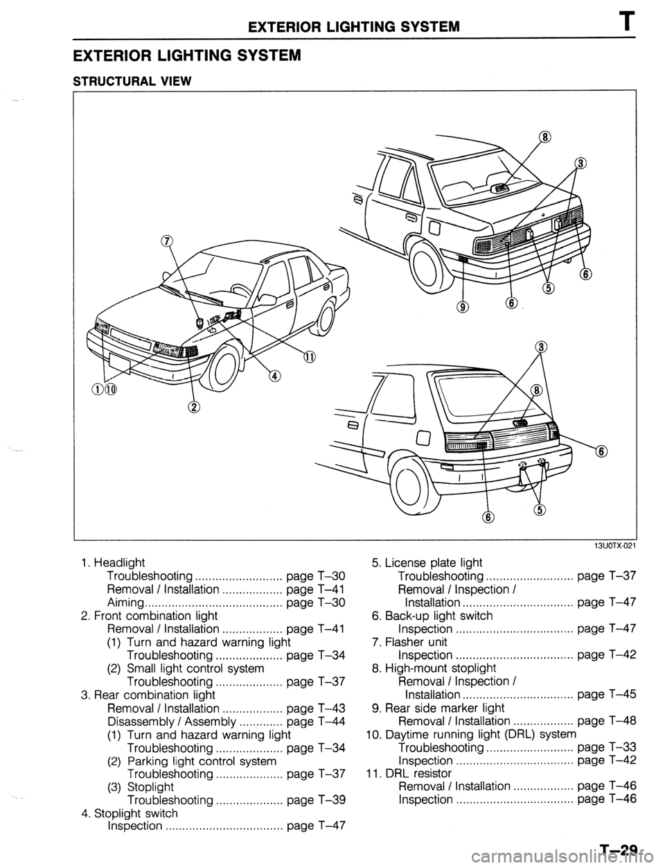 MAZDA 323 1989  Factory Repair Manual EXTERIOR LIGHTING SYSTEM T 
EXTERIOR LIGHTING SYSTEM 
STRUCTURAL VIEW 
13UOTX-02 
1. Headlight 5. License plate light 
Troubleshooting .......................... page T-30 Troubleshooting ............