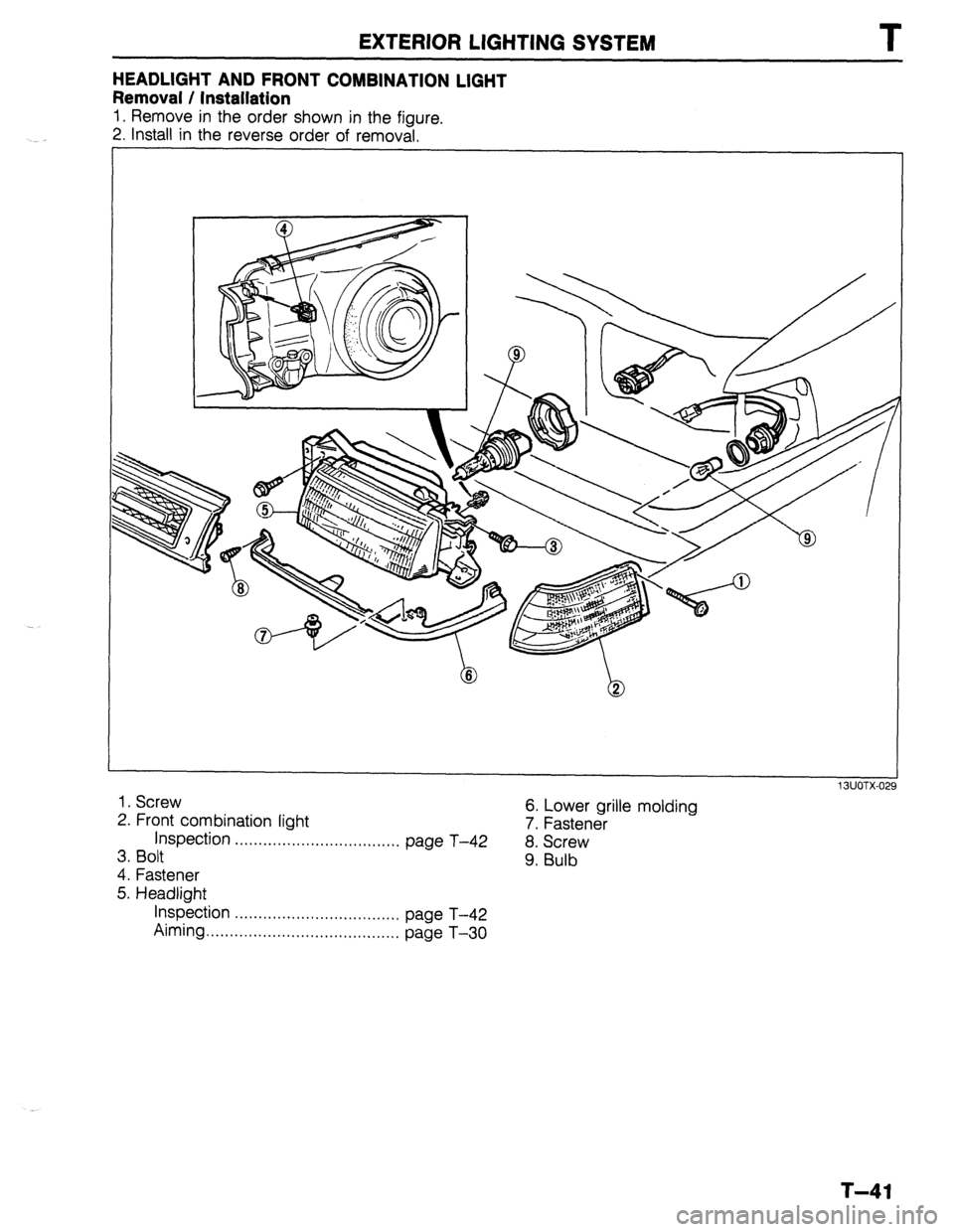 MAZDA 323 1989  Factory Repair Manual EXTERIOR LIGHTING SYSTEM T 
HEADLIGHT AND FRONT COMBINATION LIGHT 
Removal / Installation 
1, Remove in the order shown in the figure. 
2. Install in the reverse order of removal. 
b 2 
13UOTX-02: 
1.