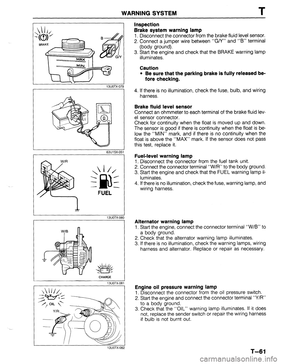 MAZDA 323 1989  Factory Repair Manual WARNING SYSTEM T 
13UOTX-07 
63U15X-05 
, I// 
‘nF - 
- 
- 
FUEL 
13UOTX.08C 
- CHARGE 
13UOTX-08 
13UOTX-08 
Inspection 
Brake system warning lamp 
1. Disconnect the connector from the brake fluid 