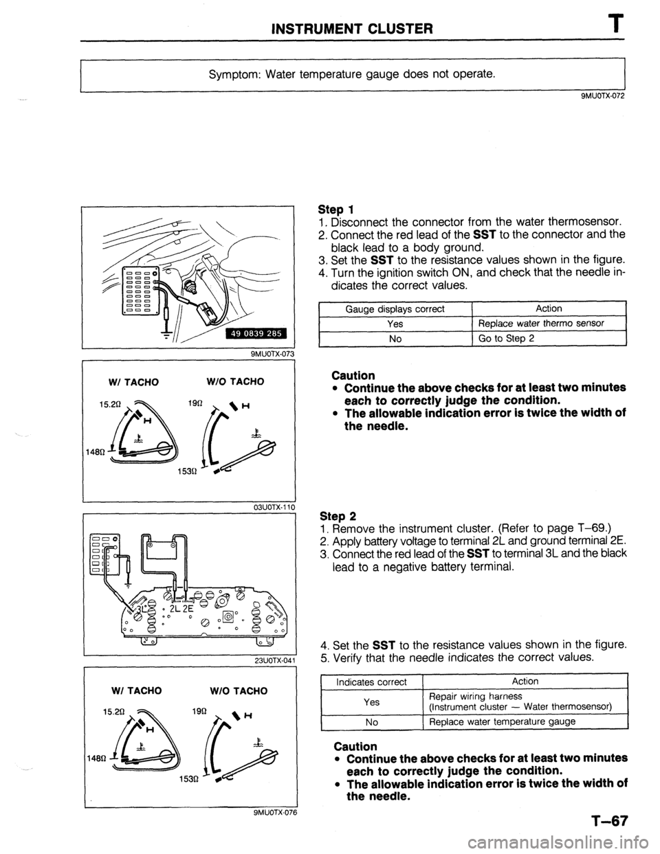 MAZDA 323 1989  Factory Repair Manual INSTRUMENT CLUSTER T 
Symptom: Water temperature gauge does not operate. 
9MUOTX-072 
W/ TACHO W/O TACHO 
OSUOTX-111 
0 
23UOTX-041 
WI TACHO 
W/O TACHO 
9MUOTX-076 
Step 1 
1. Disconnect the connecto