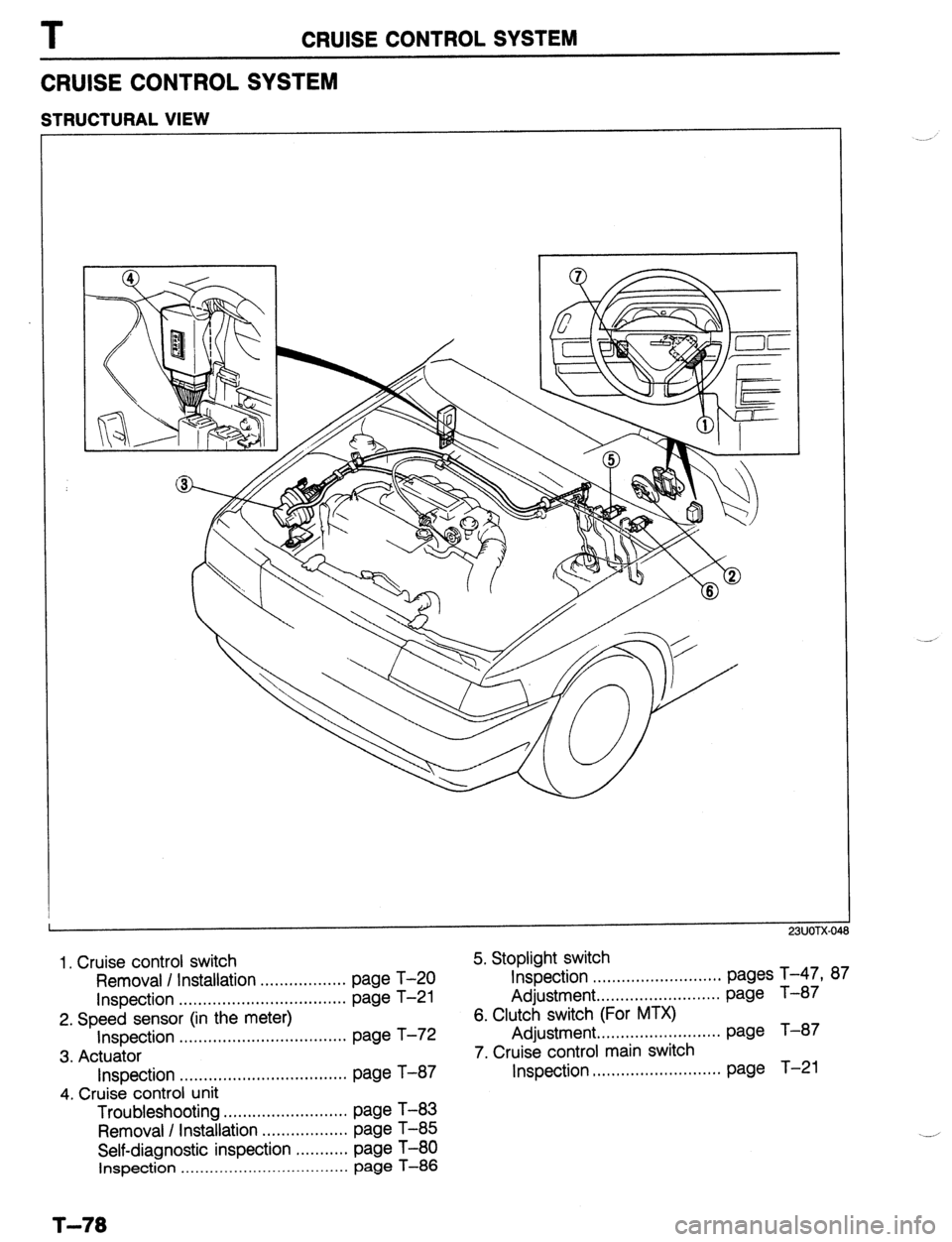 MAZDA 323 1989 Factory Repair Manual T CRUISE CONTROL SYSTEM
CRUISE CONTROL SYSTEM
STRUCTURAL VIEW
r
1. Cruise control switch
Removal / Installation . . . . . . . . . . . . . . . . . . page T-20
Inspection . . . . . . . . . . . . . MAZDA 323 1989 Factory Repair Manual T CRUISE CONTROL SYSTEM
CRUISE CONTROL SYSTEM
STRUCTURAL VIEW
r
1. Cruise control switch
Removal / Installation . . . . . . . . . . . . . . . . . . page T-20
Inspection . . . . . . . . . . . . .