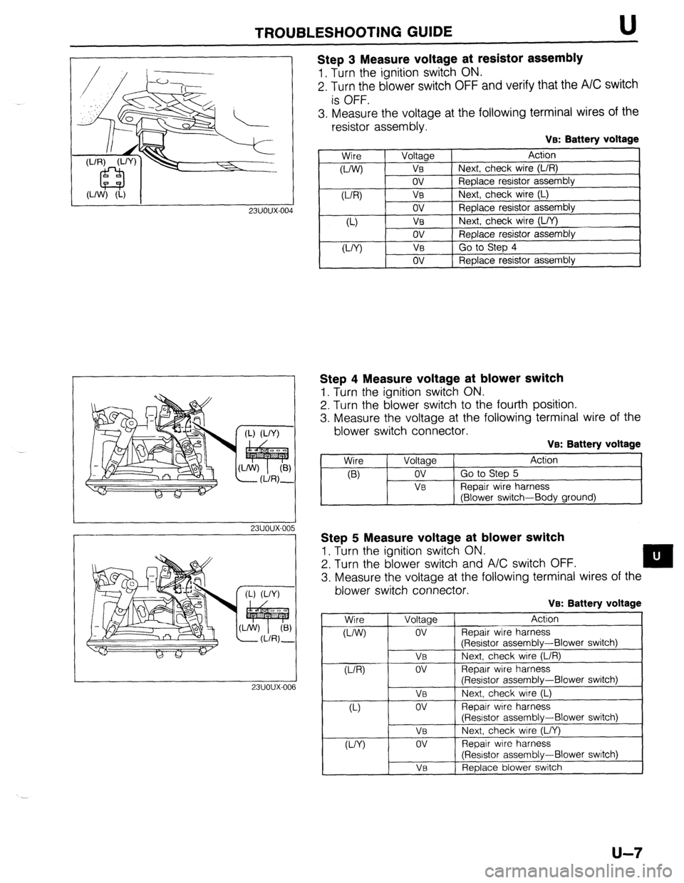 MAZDA 323 1989  Factory Repair Manual TROUBLESHOOTING GUIDE U 
23UOUX-004 
Step 3 Measure voltage at resistor assembly 
1. Turn the ignition switch ON. 
2. Turn the blower switch OFF and verify that the A/C switch 
is OFF. 
3. Measure the