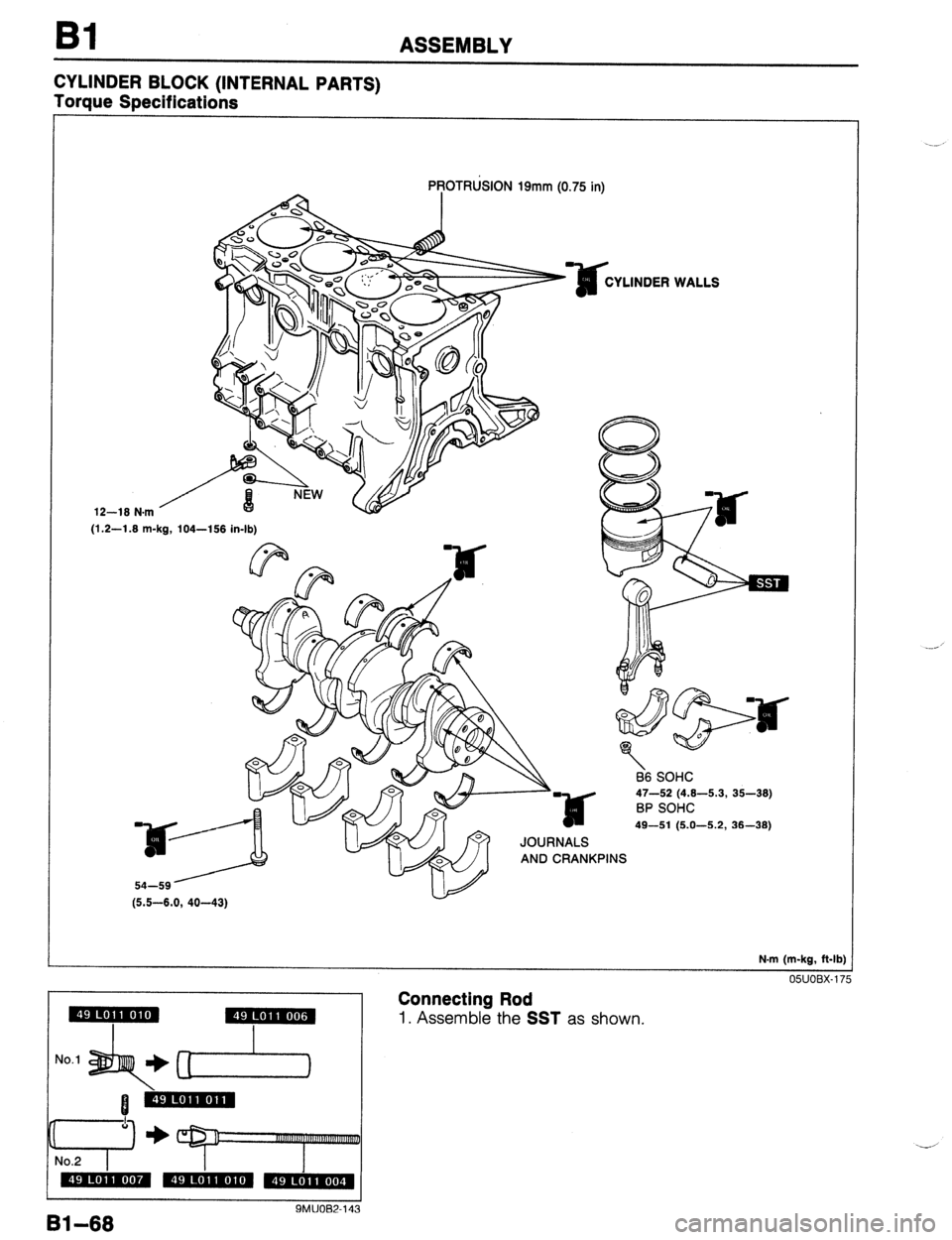 MAZDA 323 1989  Factory Repair Manual Bl ASSEMBLY 
CYLINDER BLOCK (INTERNAL PARTS) 
Torque SPecifications 
12-18 N.m PROTRLklON 19mm (0.75 in) 
YLINDER 
(1.2-1.8 m-kg, 104-158 in-lb) 
JOURNALS 
AND CRANKPINS 
(5.5-8.0, 40-43) WALLS 
66 SO