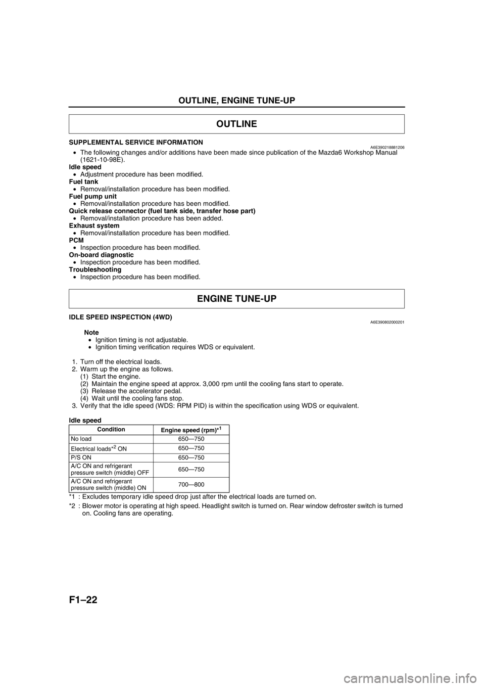MAZDA 6 2002  Workshop Manual Suplement F1–22
OUTLINE, ENGINE TUNE-UP
SUPPLEMENTAL SERVICE INFORMATIONA6E390218881206•The following changes and/or additions have been made since publication of the Mazda6 Workshop Manual 
(1621-10-98E).
