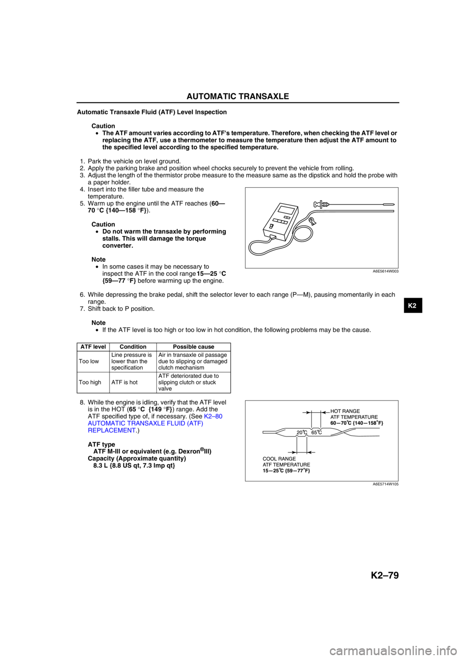 MAZDA 6 2002  Workshop Manual Suplement AUTOMATIC TRANSAXLE 
K2–79
K2
Automatic Transaxle Fluid (ATF) Level Inspection
Caution
•The ATF amount varies according to ATFs temperature. Therefore, when checking the ATF level or 
replacing t