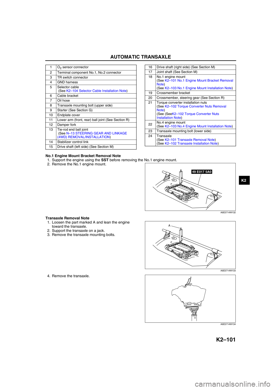 MAZDA 6 2002  Workshop Manual Suplement AUTOMATIC TRANSAXLE 
K2–101
K2
No.1 Engine Mount Bracket Removal Note
1. Support the engine using the SST before removing the No.1 engine mount.
2. Remove the No.1 engine mount.
Transaxle Removal No