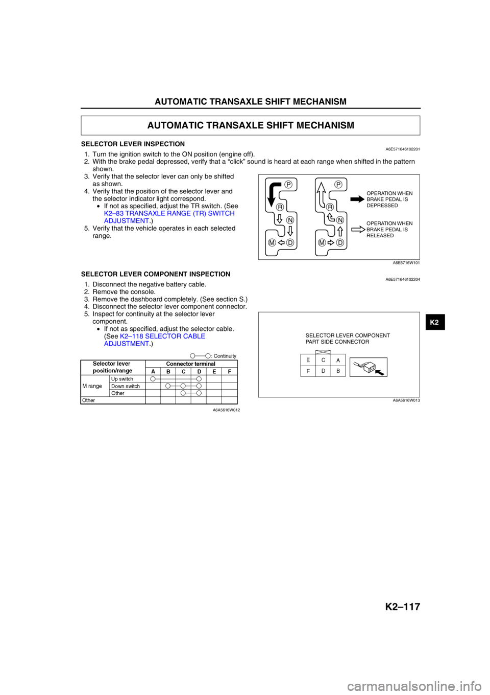 MAZDA 6 2002 Workshop Manual Suplement AUTOMATIC TRANSAXLE SHIFT MECHANISM
K2–117
K2
SELECTOR LEVER INSPECTIONA6E5716461022011. Turn the ignition switch to the ON position (engine off).
2. With the brake pedal depressed, verify that a MAZDA 6 2002 Workshop Manual Suplement AUTOMATIC TRANSAXLE SHIFT MECHANISM
K2–117
K2
SELECTOR LEVER INSPECTIONA6E5716461022011. Turn the ignition switch to the ON position (engine off).
2. With the brake pedal depressed, verify that a