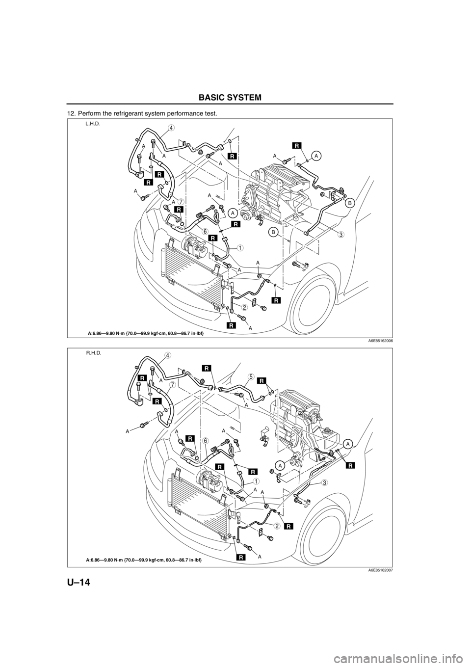 MAZDA 6 2002  Workshop Manual Suplement U–14
BASIC SYSTEM 
12. Perform the refrigerant system performance test..
A
BB A
7
4
3
1
2
6
R
A:6.86—9.80 N·m {70.0—99.9 kgf·cm, 60.8—86.7 in·lbf}
R
R
R
R
R
R
R
AA A A
AAA
A
AR
L.H.D.
A
A6E
