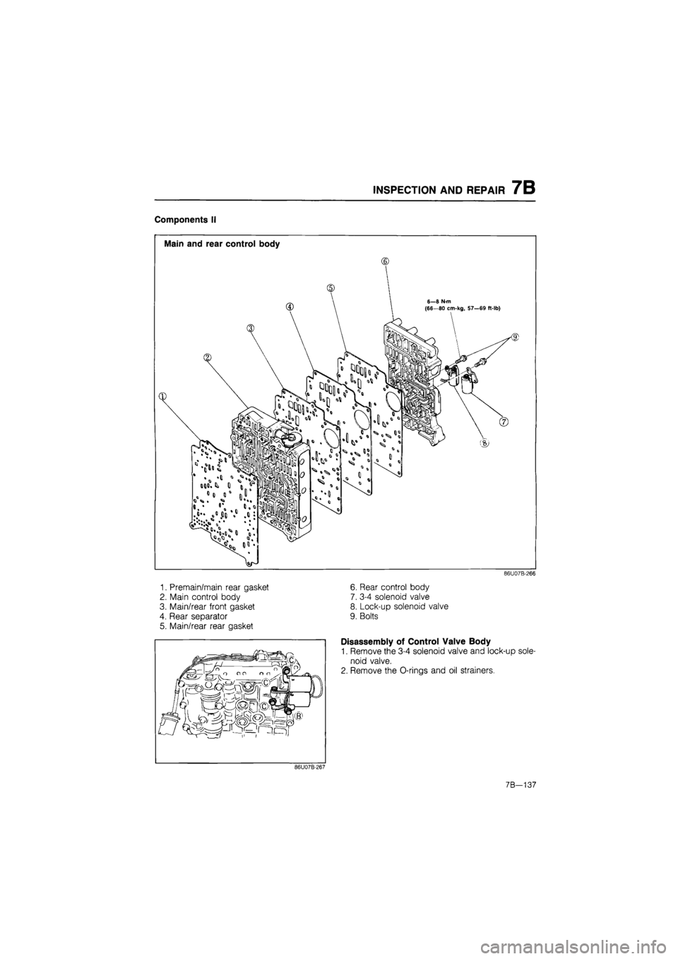 MAZDA 626 1987  Workshop Manual 
INSPECTION AND REPAIR 7B 
Components II 
Main and rear control body 
® 
86U07B-266 
1. Premain/main rear gasket 
2. Main control body 
3. Main/rear front gasket 
4. Rear separator 
5. Main/rear rear