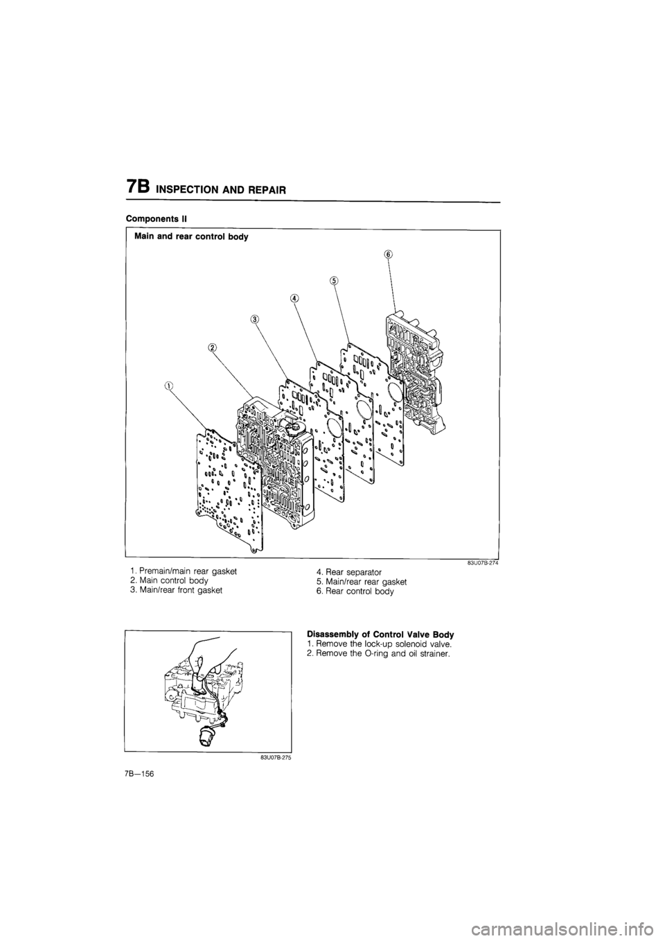 MAZDA 626 1987  Workshop Manual 
7B INSPECTION AND REPAIR 
Components II 
Main and rear control body 
1. Premain/main rear gasket 
2. Main control body 
3. Main/rear front gasket 
4. Rear separator 
5. Main/rear rear gasket 
6. Rear
