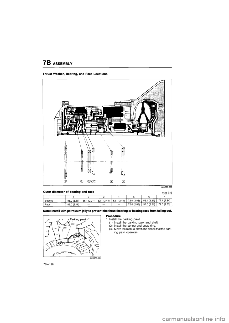 MAZDA 626 1987  Workshop Manual 
7B ASSEMBLY 
Thrust Washer, Bearing, and Race Locations 

©
 (2)
 (3X4/51
 © ® 
86U07B-380 
Outer diameter of bearing and race 

1 2 3 4 5 6 7 
Bearing 86.0 (3.39) 56.1 (2.21) 62.1 (2.44) 62.1 (2.