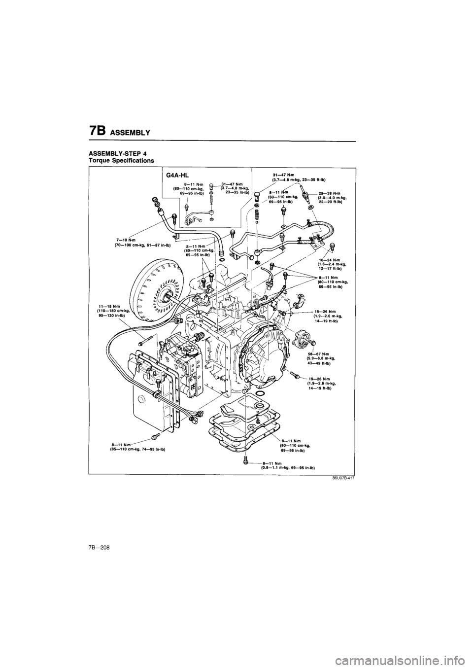 MAZDA 626 1987  Workshop Manual 
7B ASSEMBLY 
ASSEMBLY-STEP 4 
Torque Specifications 
31—47 N-m (3.7—4.8 m-kg, 23—35 ft-lb) 
. 29—39 N-m (3.0—4.0 m-kg, 22—29 ft-lb) 
16—24 N m (1.6—2.4 m-kg, 12-17 ft-lb) 
8—11 N-m 