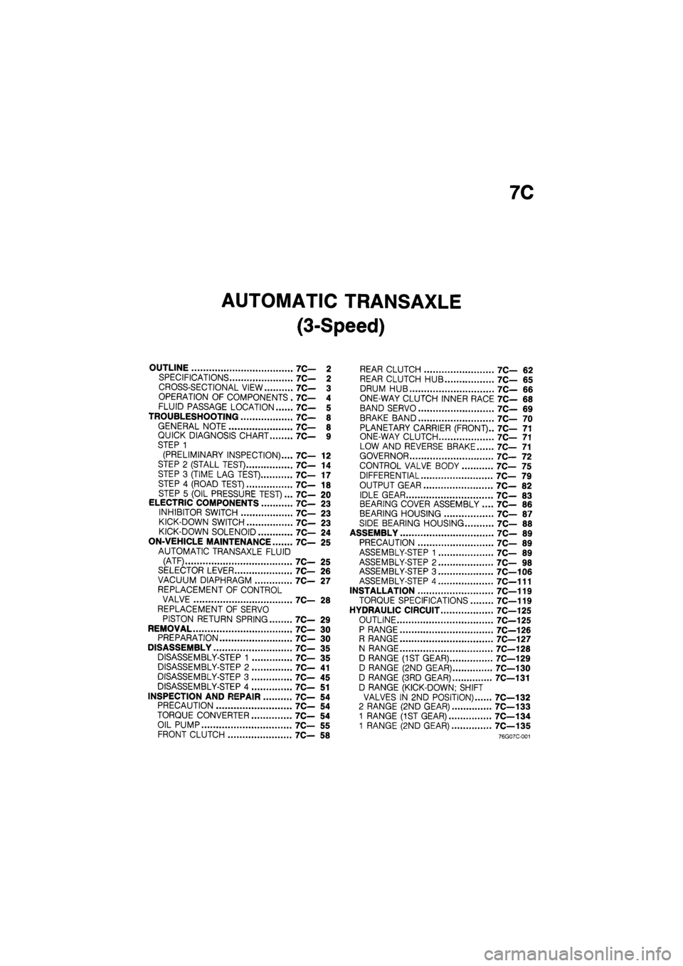 MAZDA 626 1987 Workshop Manual
7C
AUTOMATIC TRANSAXLE
(3-Speed)
OUTLINE 7C— 2
SPECIFICATIONS 7C— 2
CROSS-SECTIONAL VIEW 7C— 3
OPERATION OF COMPONENTS . 7C— 4
FLUID PASSAGE LOCATION 7C— 5
TROUBLESHOOTING 7C— 8
MAZDA 626 1987 Workshop Manual
7C
AUTOMATIC TRANSAXLE
(3-Speed)
OUTLINE 7C— 2
SPECIFICATIONS 7C— 2
CROSS-SECTIONAL VIEW 7C— 3
OPERATION OF COMPONENTS . 7C— 4
FLUID PASSAGE LOCATION 7C— 5
TROUBLESHOOTING 7C— 8