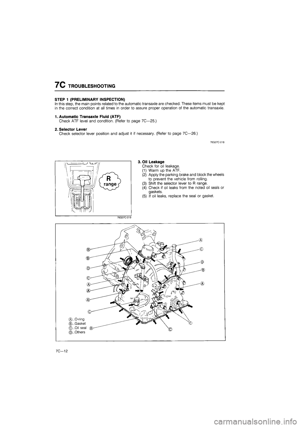 MAZDA 626 1987  Workshop Manual 
7C TROUBLESHOOTING 
STEP 1 (PRELIMINARY INSPECTION) 
In this step, the main points related to the automatic transaxle are checked. These items must be kept 
in the correct condition at all times in o