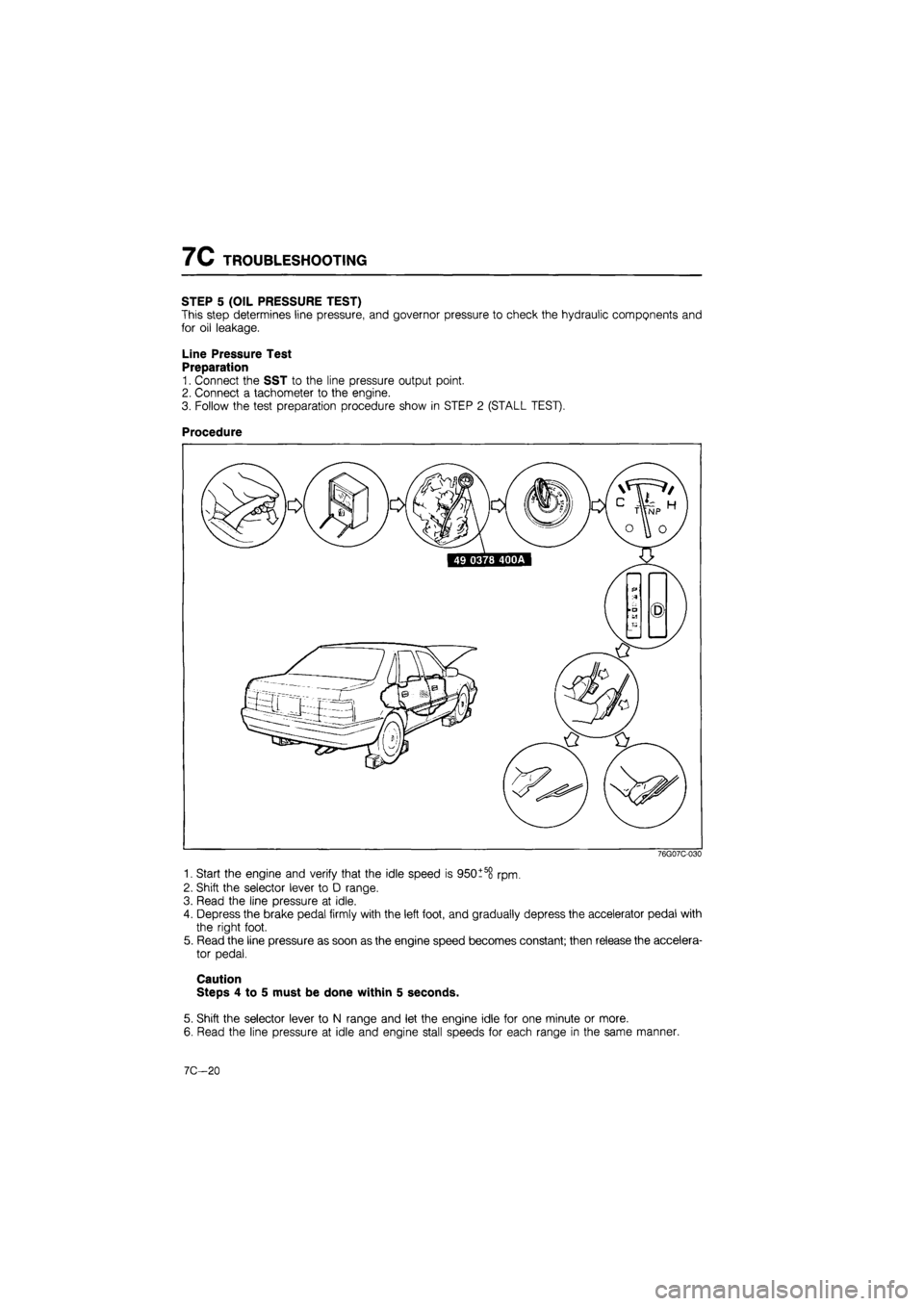 MAZDA 626 1987  Workshop Manual 
7C TROUBLESHOOTING 
STEP 5 (OIL PRESSURE TEST) 
This step determines line pressure, and governor pressure to check the hydraulic components and 
for oil leakage. 
Line Pressure Test 
Preparation 
1. 