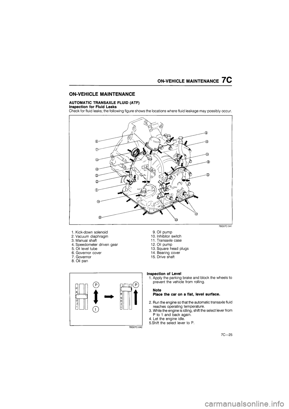 MAZDA 626 1987  Workshop Manual 
ON-VEHICLE MAINTENANCE 7C 
ON-VEHICLE MAINTENANCE 
AUTOMATIC TRANSAXLE FLUID (ATF) 
Inspection for Fluid Leaks 
Check for fluid leaks; the following figure shows the locations where fluid leakage may