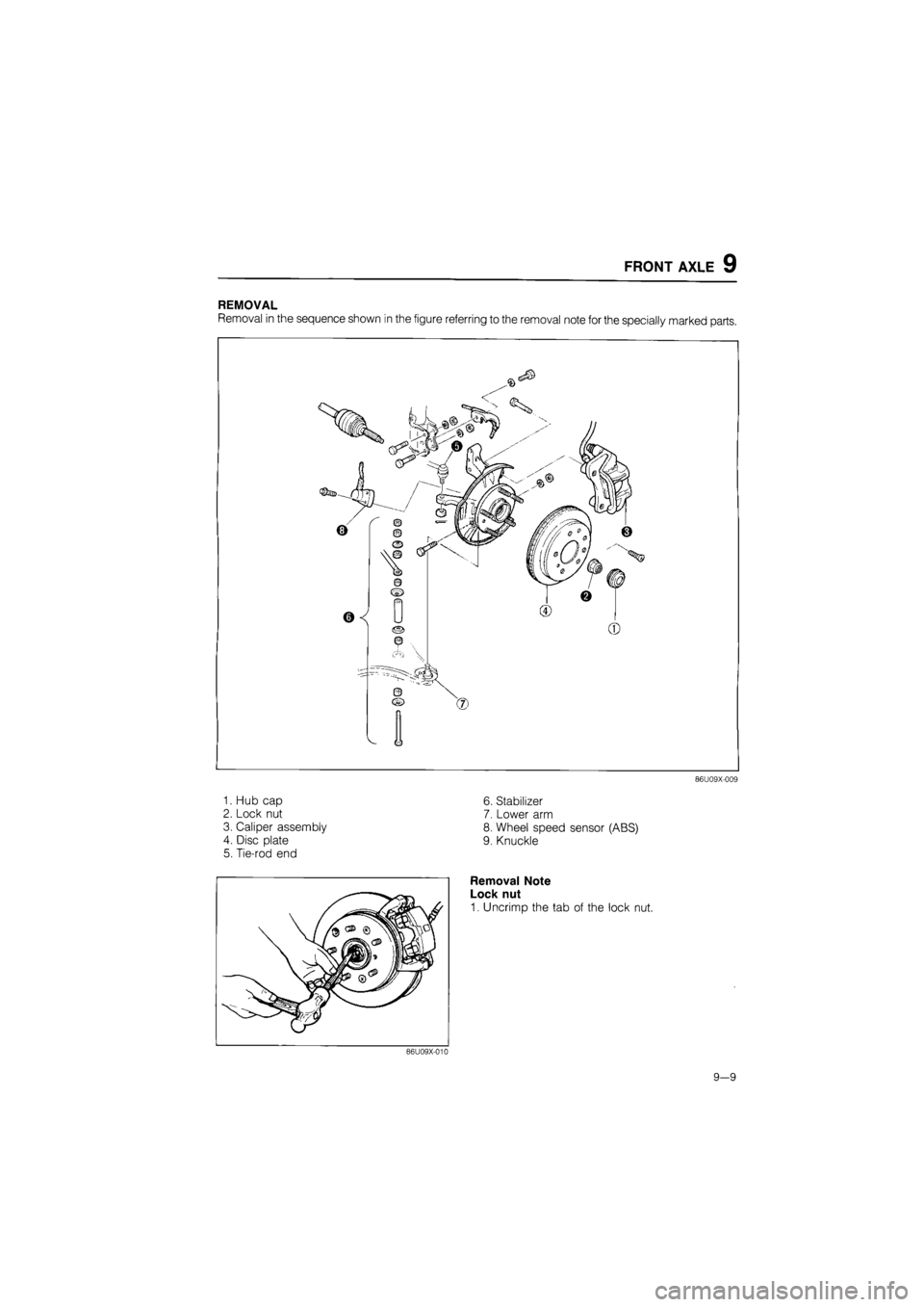 MAZDA 626 1987  Workshop Manual 
FRONT AXLE 9 
REMOVAL 
Removal in the sequence shown in the figure referring to the removal note for the specially marked parts. 
1. Hub cap 
2. Lock nut 
3. Caliper assembly 
4. Disc plate 
5. Tie-r
