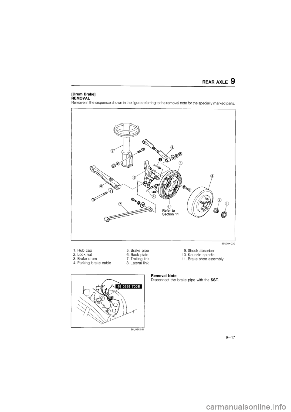 MAZDA 626 1987  Workshop Manual 
REAR AXLE 9 
[Drum Brake] 
REMOVAL 
Remove in the sequence shown in the figure referring to the removal note for the specially marked parts. 
86U09X-030 
1. Hub cap 
2. Lock nut 
3. Brake drum 
4. Pa
