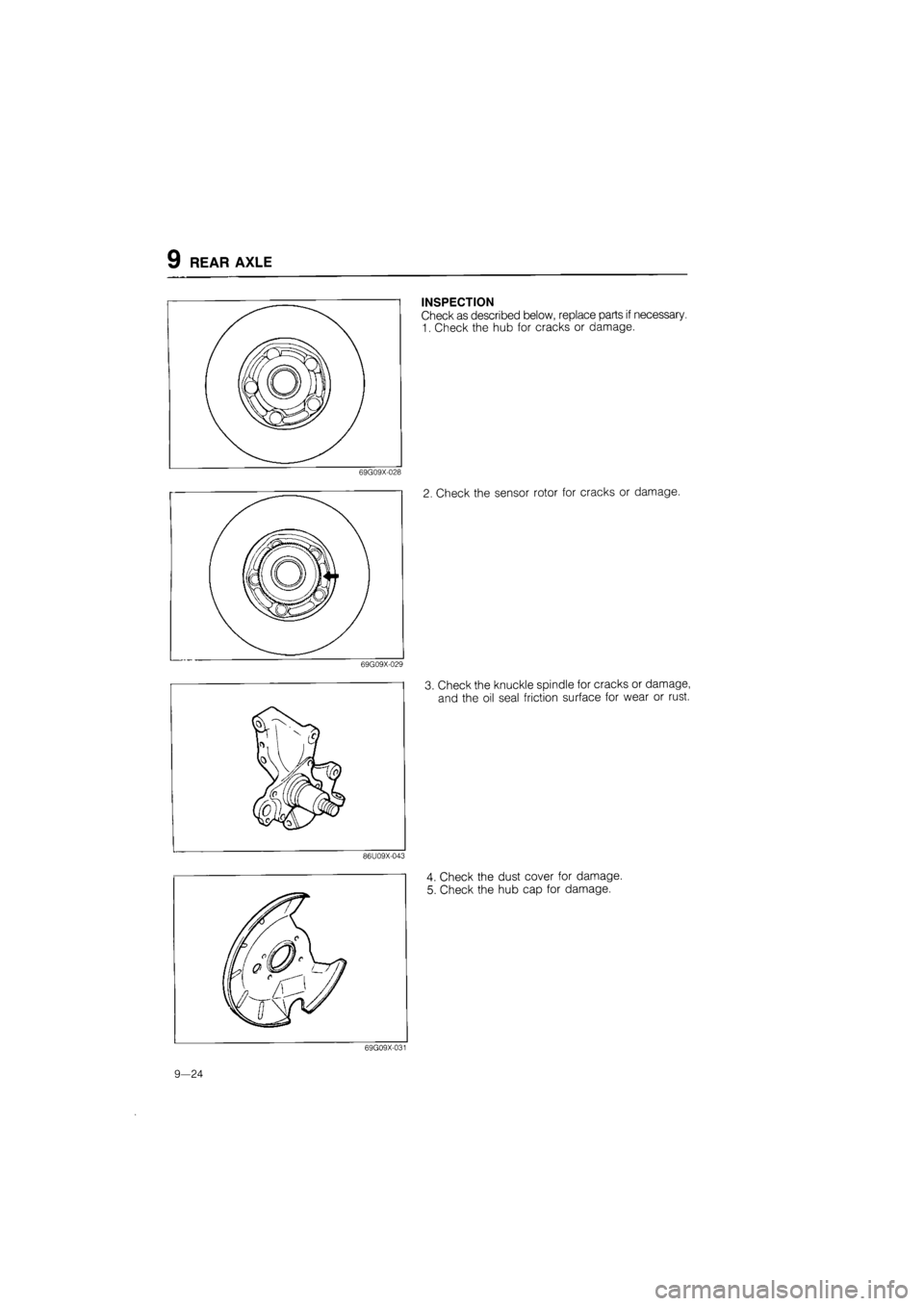 MAZDA 626 1987  Workshop Manual 
INSPECTION 
Check as described below, replace parts if necessary. 
1. Check the hub for cracks or damage. 
69G09X-028 
2. Check the sensor rotor for cracks or damage. 
69G09X-029 
3. Check the knuckl