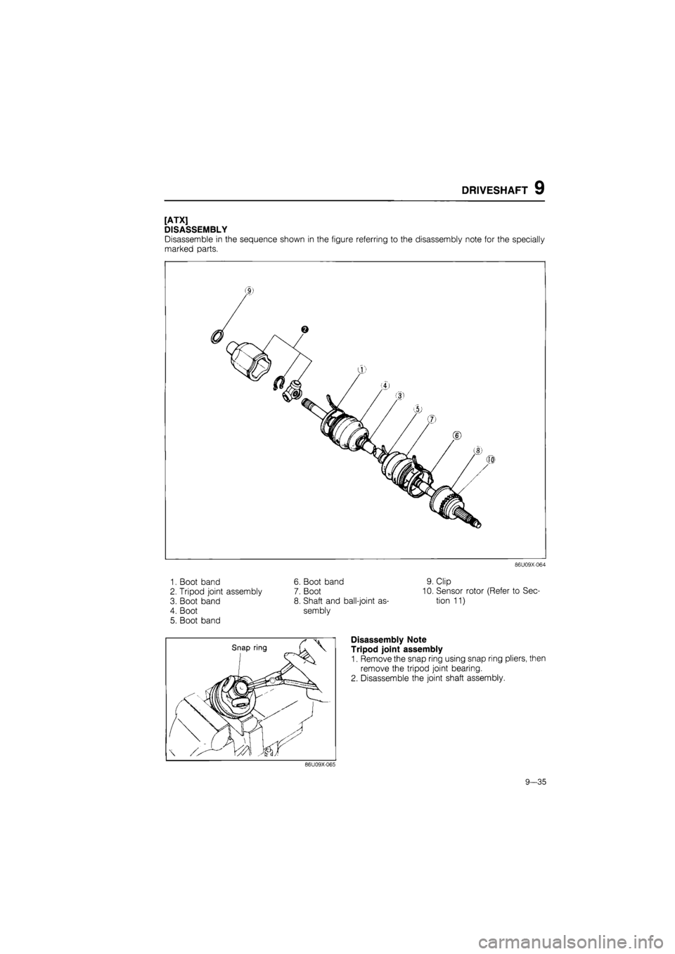 MAZDA 626 1987  Workshop Manual 
DRIVESHAFT 9 
[ATX] 
DISASSEMBLY 
Disassemble in the sequence shown in the figure referring to the disassembly note for the specially 
marked parts. 
86U09X-064 
1. Boot band 6. Boot band 9. Clip 
2.