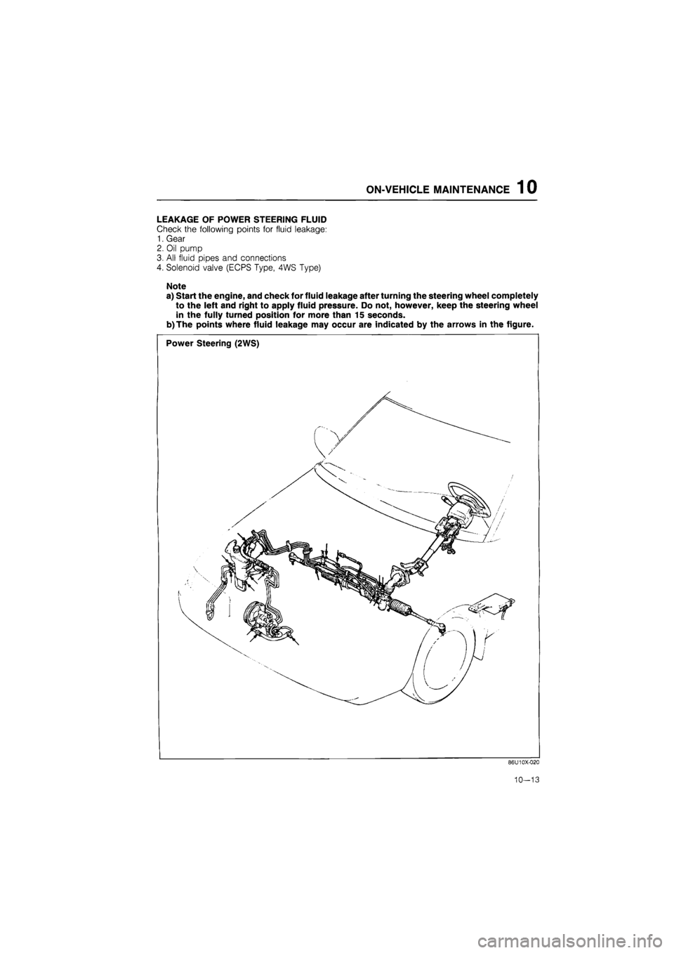 MAZDA 626 1987  Workshop Manual 
ON-VEHICLE MAINTENANCE 1 0 
LEAKAGE OF POWER STEERING FLUID 
Check the following points for fluid leakage: 
1. Gear 
2. Oil pump 
3. All fluid pipes and connections 
4. Solenoid valve (ECPS Type, 4WS