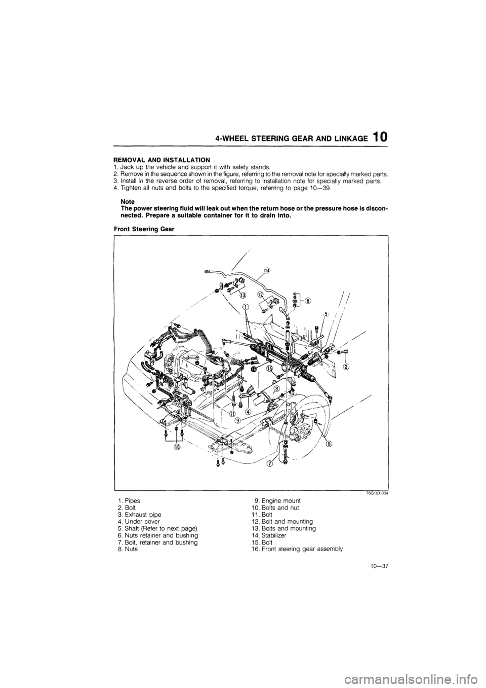 MAZDA 626 1987  Workshop Manual 
4-WHEEL STEERING GEAR AND LINKAGE 1 0 
REMOVAL AND INSTALLATION 
1. Jack up the vehicle and support it with safety stands. 
2. Remove in the sequence shown in the figure, referring to the removal not
