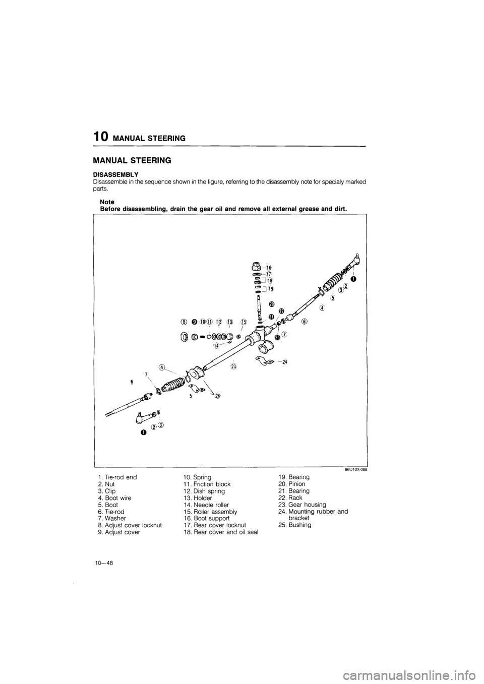 MAZDA 626 1987  Workshop Manual 
10 MANUAL STEERING 
MANUAL STEERING 
DISASSEMBLY 
Disassemble in the sequence shown in the figure, referring to the disassembly note for specialy marked 
parts. 
Note 
Before disassembling, drain the