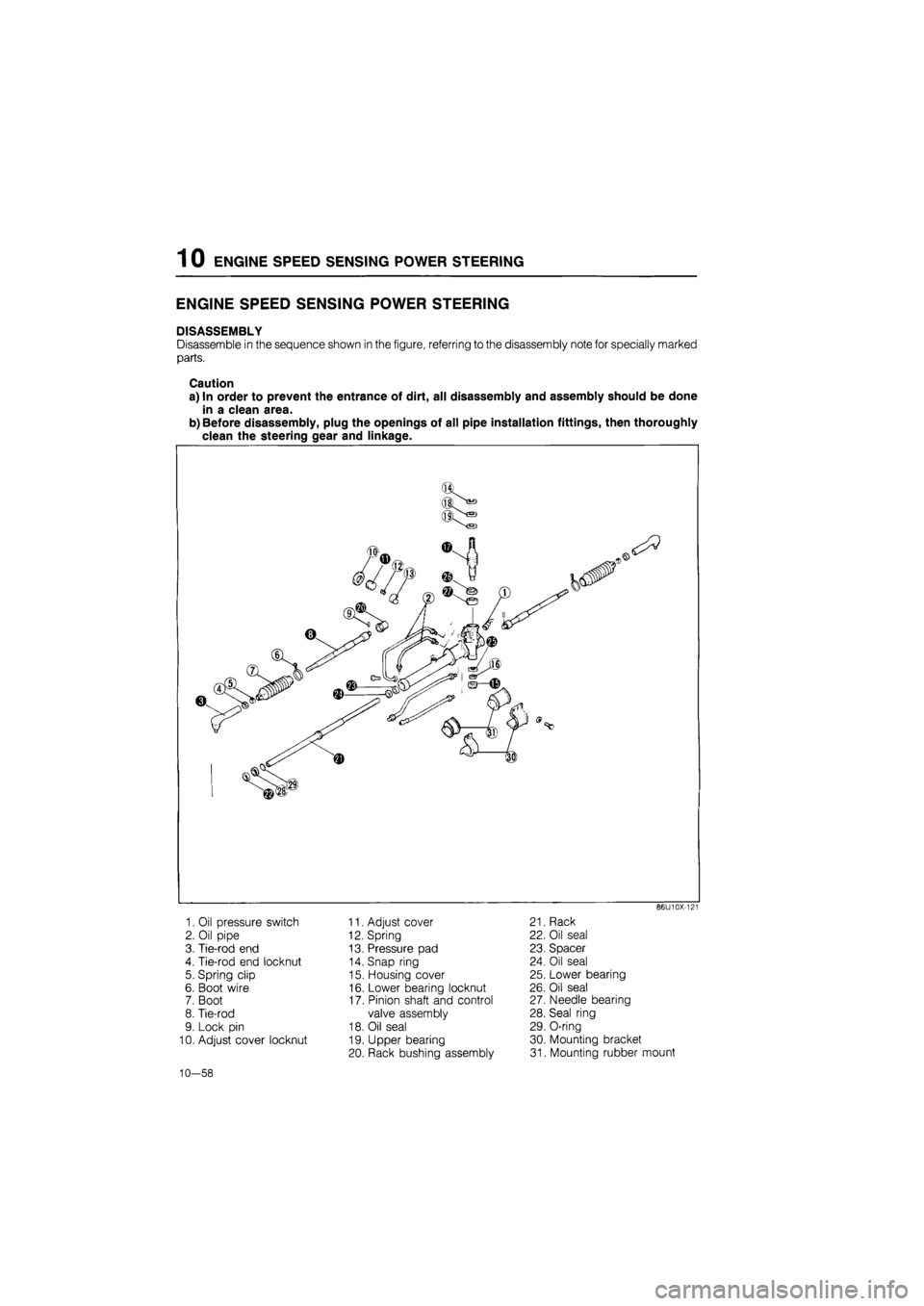 MAZDA 626 1987 Workshop Manual
1 0 ENGINE SPEED SENSING POWER STEERING
ENGINE SPEED SENSING POWER STEERING
DISASSEMBLY
Disassemble in the sequence shown in the figure, referring to the disassembly note for specially marked
par MAZDA 626 1987 Workshop Manual
1 0 ENGINE SPEED SENSING POWER STEERING
ENGINE SPEED SENSING POWER STEERING
DISASSEMBLY
Disassemble in the sequence shown in the figure, referring to the disassembly note for specially marked
par