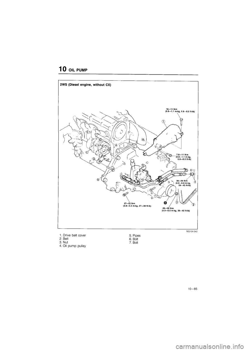 MAZDA 626 1987  Workshop Manual 
1 0 OIL PUMP 
2WS (Diesel engine, without CX) 
78—11 N>m (D.e—1.1 m-kg, 5.6—8.0 ft-lb} 
49-59 N-m (5.0—6.0 m-kg, 36—43 ft-lb) 
76G10X-042 
1. Drive belt cover 
2. Belt 
3. Nut 
4. Oil pump 