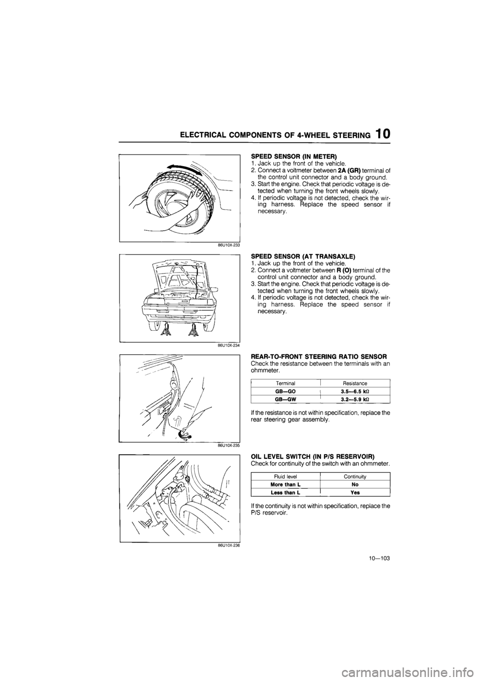 MAZDA 626 1987 Workshop Manual
ELECTRICAL COMPONENTS OF 4-WHEEL STEERING 1 0
SPEED SENSOR (IN METER)
1. Jack up the front of the vehicle.
2. Connect a voltmeter between 2A (GR) terminal of
the control unit connector and a body MAZDA 626 1987 Workshop Manual
ELECTRICAL COMPONENTS OF 4-WHEEL STEERING 1 0
SPEED SENSOR (IN METER)
1. Jack up the front of the vehicle.
2. Connect a voltmeter between 2A (GR) terminal of
the control unit connector and a body