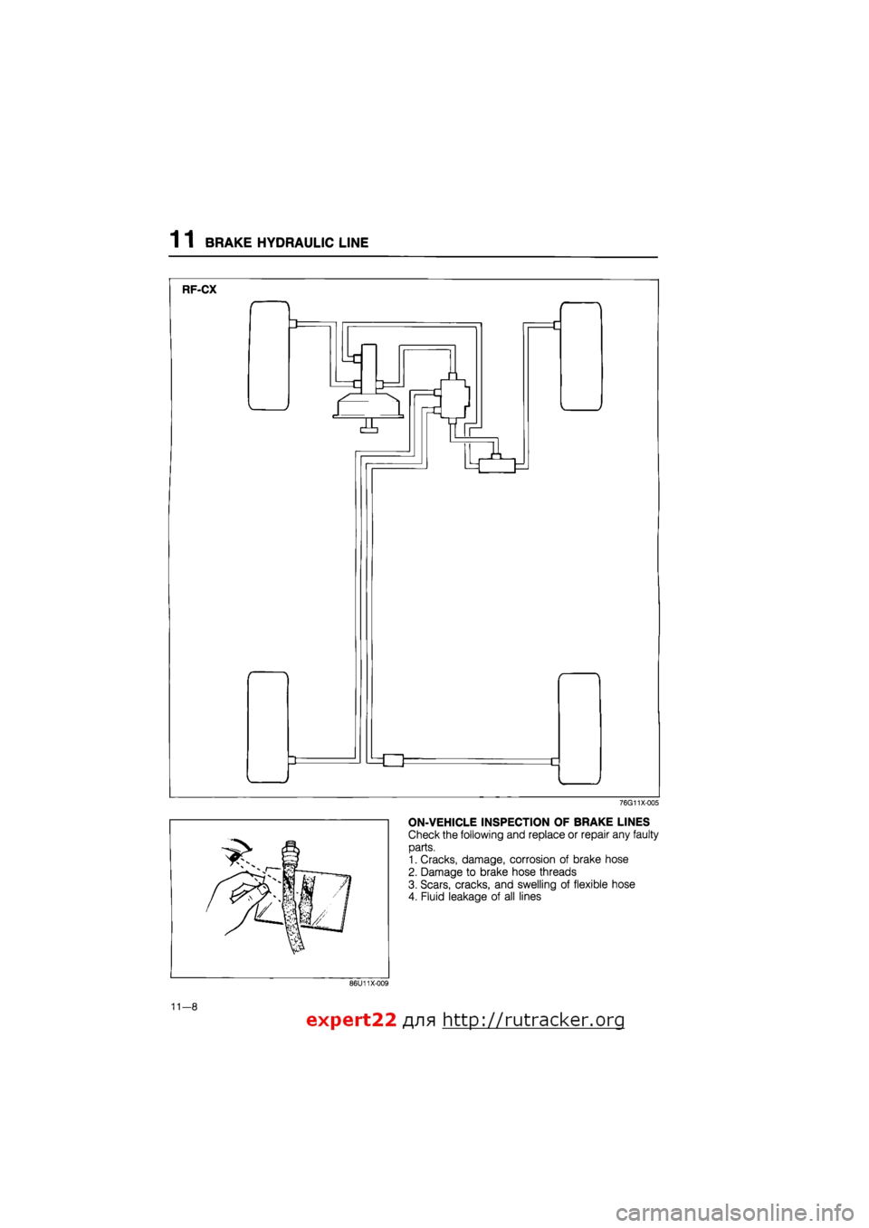 MAZDA 626 1987  Workshop Manual 
1 1 BRAKE HYDRAULIC LINE 
RF-CX 
76G11X-005 
ON-VEHICLE INSPECTION OF BRAKE LINES 
Check the following and replace or repair any faulty 
parts. 
1. Cracks, damage, corrosion of brake hose 
2. Damage 