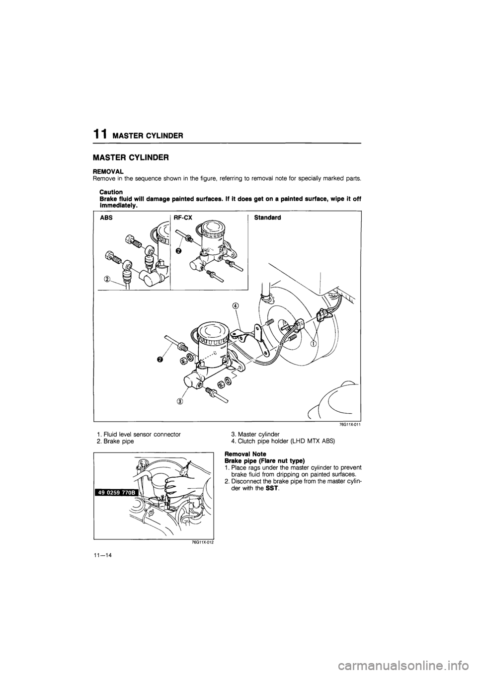 MAZDA 626 1987  Workshop Manual 
1 1 MASTER CYLINDER 
MASTER CYLINDER 
REMOVAL 
Remove in the sequence shown in the figure, referring to removal note for specially marked parts. 
Caution 
Brake fluid will damage painted surfaces. If