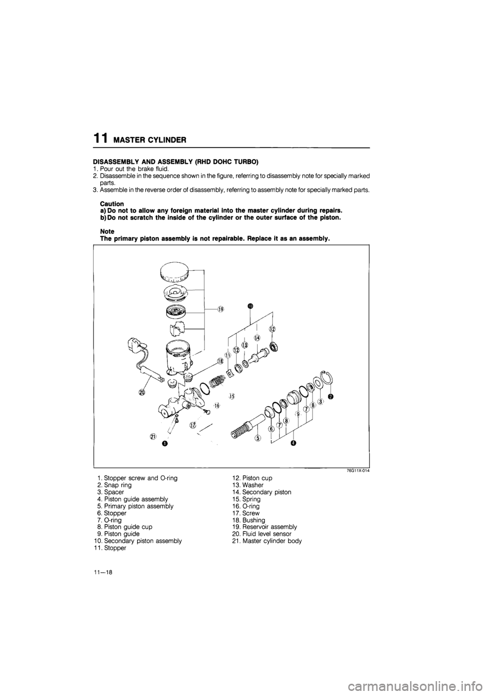 MAZDA 626 1987  Workshop Manual 
1 1 MASTER CYLINDER 
DISASSEMBLY AND ASSEMBLY (RHD DOHC TURBO) 
1. Pour out the brake fluid. 
2. Disassemble in the sequence shown in the figure, referring to disassembly note for specially marked 
p