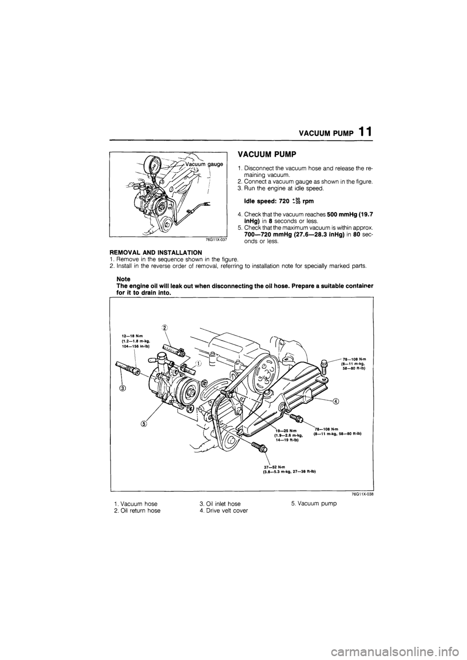 MAZDA 626 1987  Workshop Manual 
VACUUM PUMP 1 1 
VACUUM PUMP 
1. Disconnect the vacuum hose and release the re-
maining vacuum. 
2. Connect a vacuum gauge as shown in the figure. 
3. Run the engine at idle speed. 
Idle speed: 720 1