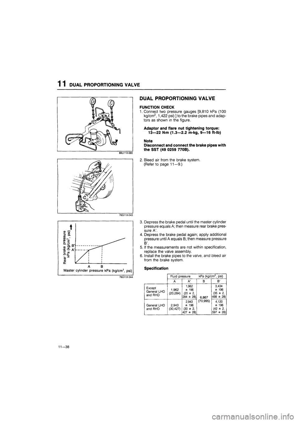MAZDA 626 1987  Workshop Manual 
1
 1
 DUAL PROPORTIONING VALVE 
B6U11X-060 
DUAL PROPORTIONING VALVE 
FUNCTION CHECK 
1. Connect
 two
 pressure gauges [9,810
 kPa (100 

kg/cm2,1,422 psi)
 ]
 to the brake pipes and adap-
tors
 as
 