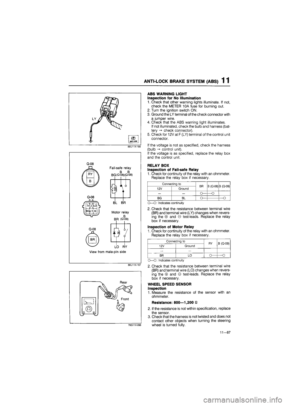 MAZDA 626 1987 Workshop Manual
ANTI-LOCK BRAKE SYSTEM (ABS) 1 1
86U11X-1C
Q-08
Q-08
Fail-safe relay
B B BG
(Q-08)(Q-09)
V
BL BR
Motor relay
B BR (Q-09)
LO RY
View from male-pin side
86U11X-167
76G11X-096
ABS WARNIN MAZDA 626 1987 Workshop Manual
ANTI-LOCK BRAKE SYSTEM (ABS) 1 1
86U11X-1C
Q-08
Q-08
Fail-safe relay
B B BG
(Q-08)(Q-09)
V
BL BR
Motor relay
B BR (Q-09)
LO RY
View from male-pin side
86U11X-167
76G11X-096
ABS WARNIN