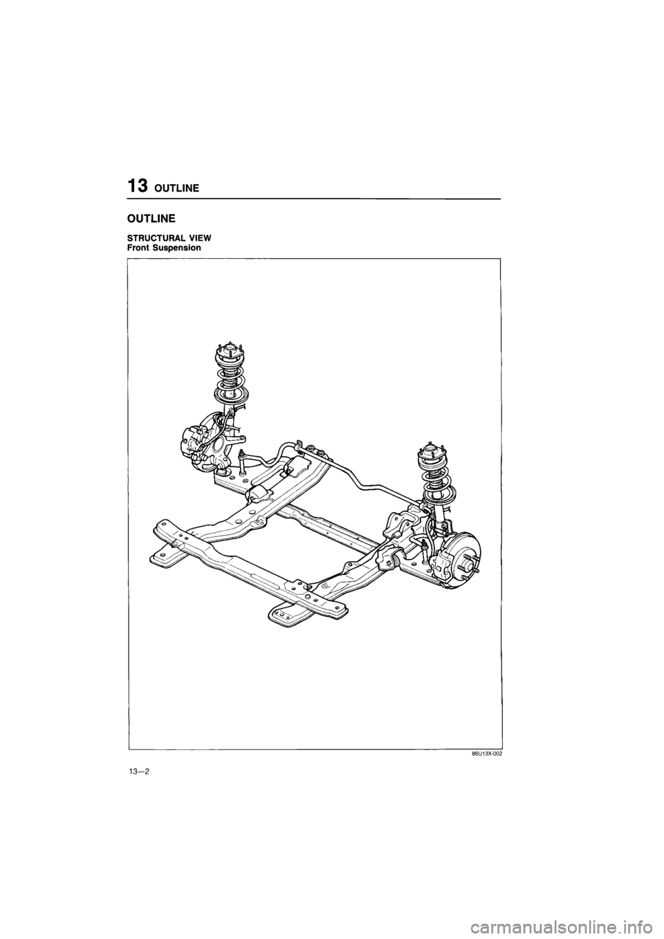 MAZDA 626 1987  Workshop Manual 
13 OUTLINE 
OUTLINE 
STRUCTURAL VIEW 
Front Suspension 
86U13X-002 
13—2  