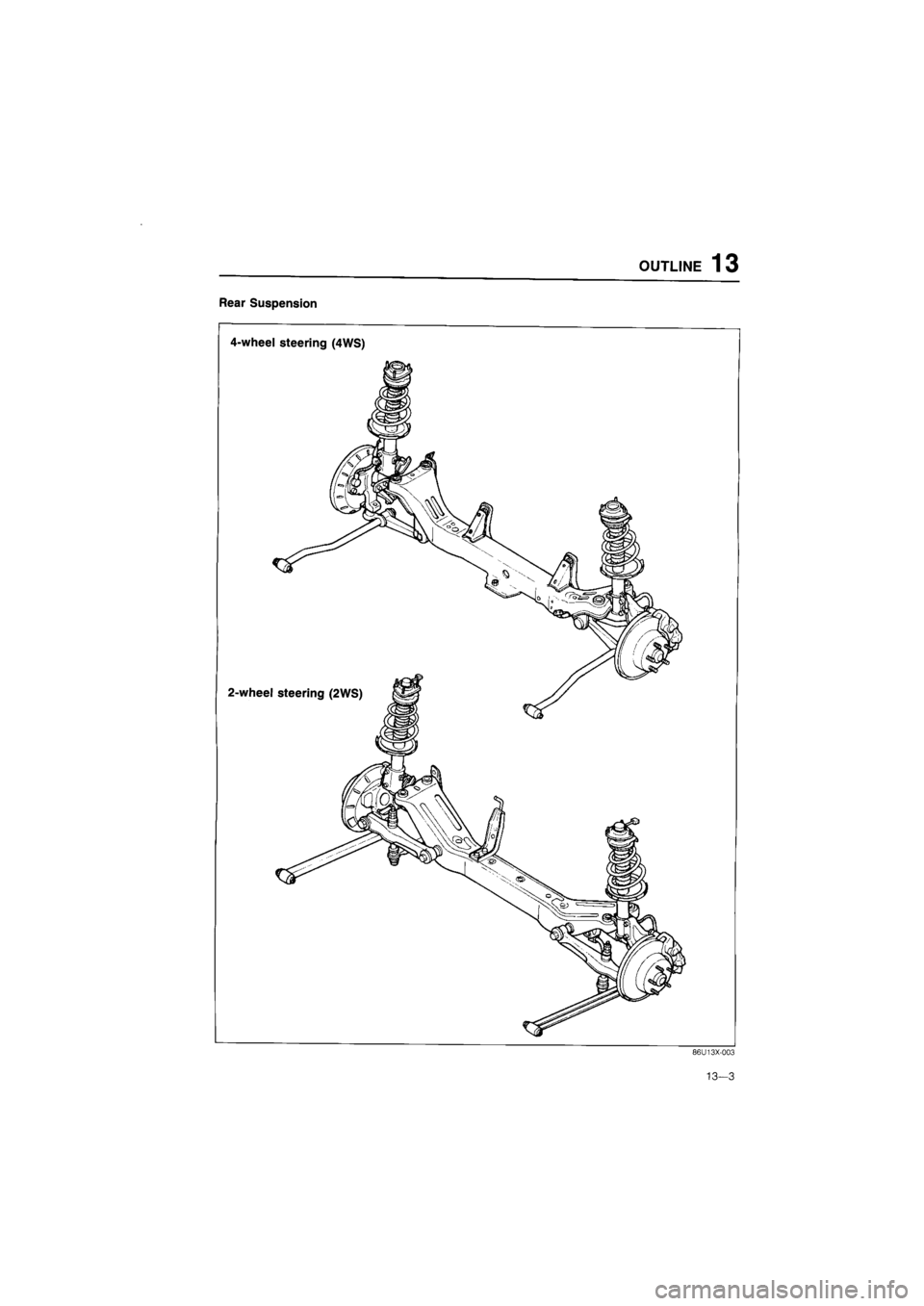 MAZDA 626 1987  Workshop Manual 
OUTLINE 13 
Rear Suspension 
4-wheel steering (4WS) 
86U13X-003 
13—3  