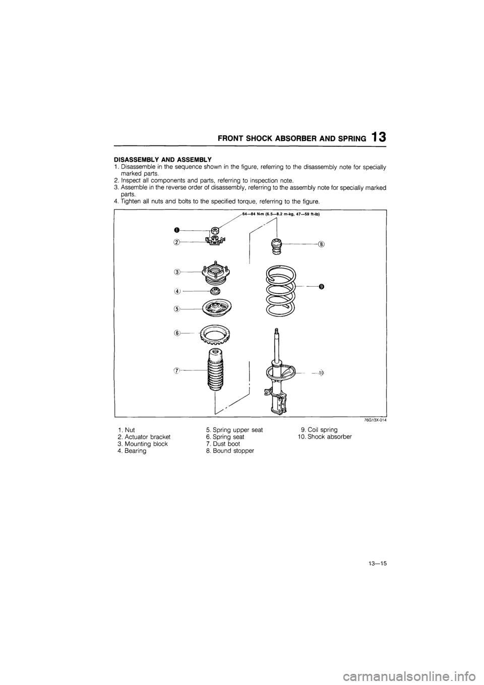MAZDA 626 1987  Workshop Manual 
FRONT SHOCK ABSORBER AND SPRING 1 3 
DISASSEMBLY AND ASSEMBLY 
1. Disassemble in the sequence shown in the figure, referring to the disassembly note for specially 
marked parts. 
2. Inspect all compo