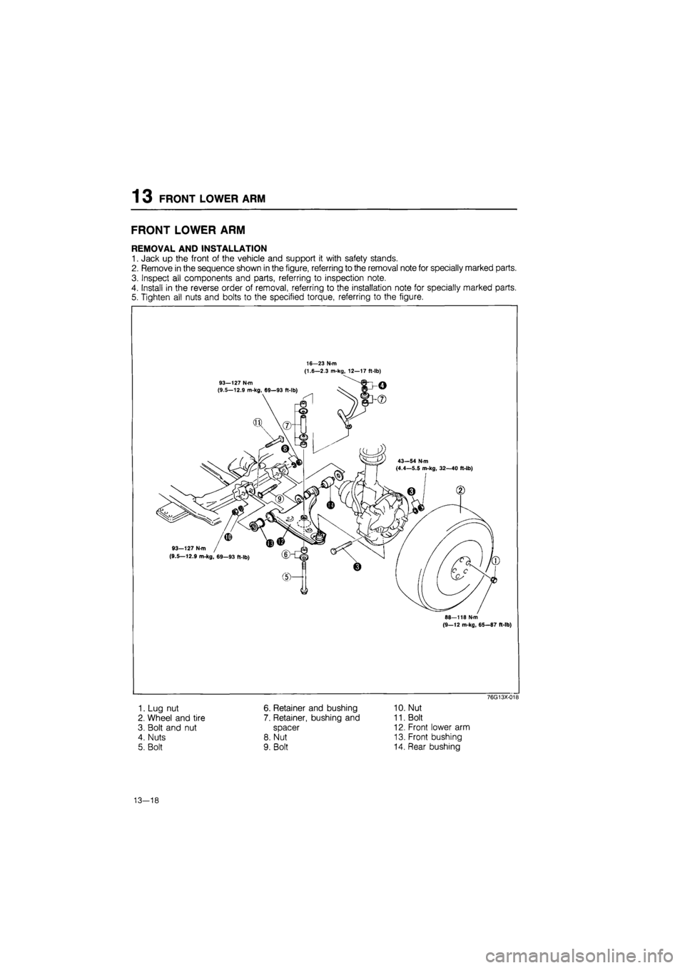 MAZDA 626 1987  Workshop Manual 
1 3 FRONT LOWER ARM 
FRONT LOWER ARM 
REMOVAL AND INSTALLATION 
1. Jack up the front of the vehicle and support it with safety stands. 
2. Remove in the sequence shown in the figure, referring to the