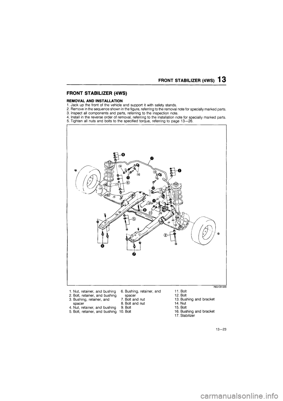 MAZDA 626 1987  Workshop Manual 
FRONT STABILIZER (4WS) 1 3 
FRONT STABILIZER (4WS) 
REMOVAL AND INSTALLATION 
1. Jack up the front of the vehicle and support it with safety stands. 
2. Remove in the sequence shown in the figure, re
