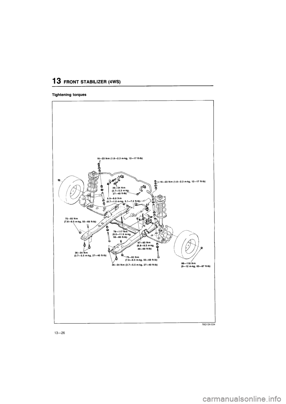 MAZDA 626 1987  Workshop Manual 
1 3 FRONT STABILIZER (4WS) 
Tightening torques 
16—23 N m (1.6—2.3 m-kg, 12—17 ft-lb) 
^>16—23 N-m (1.6—2.3 m-kg, 12—17 ft-lb) 
36—54 N-m (3.7—5.5 m-kg, 27—40 ft-lb) 68—118 N-m (9