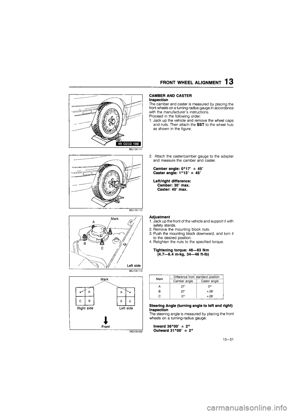 MAZDA 626 1987 Workshop Manual
FRONT WHEEL ALIGNMENT 13
86U13X-111
86U13X-112
86U13X-113
Mark
" A
c B
Right side
Front
A
B c
Left side
CAMBER AND CASTER
Inspection
The camber and caster is measured by placing the
fr MAZDA 626 1987 Workshop Manual
FRONT WHEEL ALIGNMENT 13
86U13X-111
86U13X-112
86U13X-113
Mark
" A
c B
Right side
Front
A
B c
Left side
CAMBER AND CASTER
Inspection
The camber and caster is measured by placing the
fr