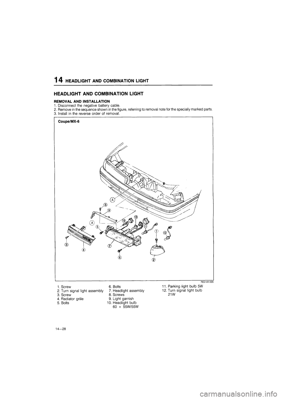 MAZDA 626 1987  Workshop Manual 
1 4 HEADLIGHT AND COMBINATION LIGHT 
HEADLIGHT AND COMBINATION LIGHT 
REMOVAL AND INSTALLATION 
1. Disconnect the negative battery cable. 
2. Remove in the sequence shown in the figure, referring to 