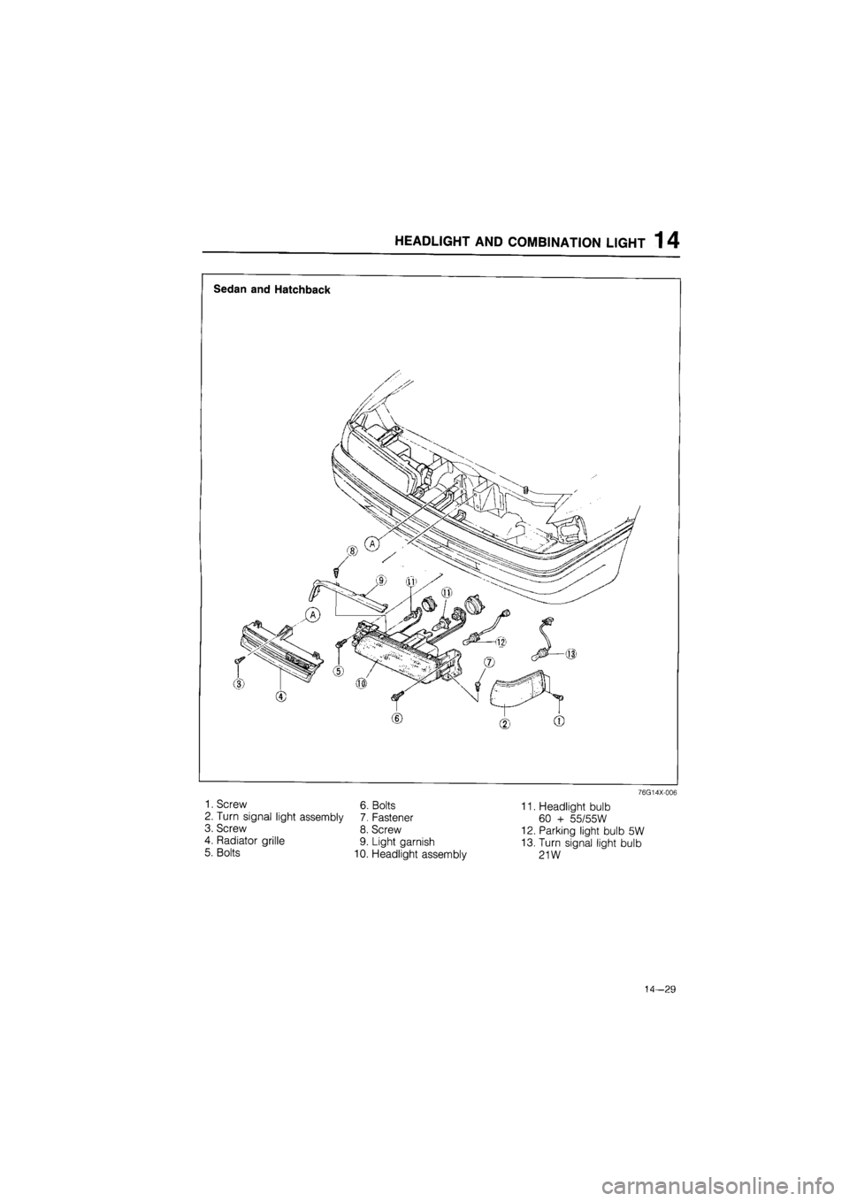 MAZDA 626 1987  Workshop Manual 
HEADLIGHT AND COMBINATION LIGHT 1 4 
76G14X-006 
1. Screw 6. Bolts 
2. Turn signal light assembly 7. Fastener 
3. Screw 8. Screw 
4. Radiator grille 9. Light garnish 
5. Bolts 10. Headlight assembly 