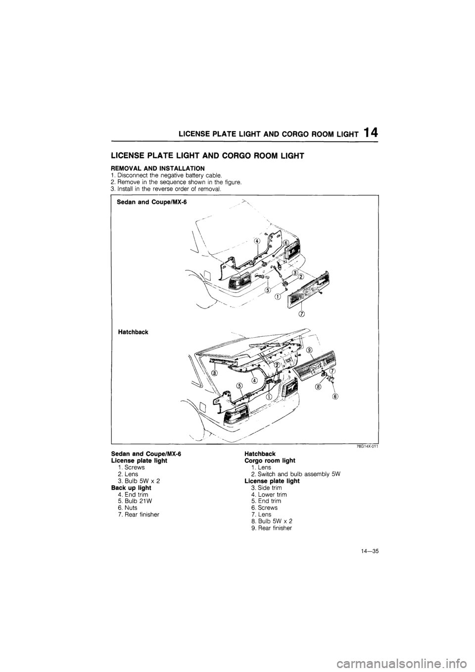 MAZDA 626 1987  Workshop Manual 
LICENSE PLATE
 LIGHT
 AND CORGO ROOM LIGHT
 1
 4 
LICENSE PLATE LIGHT AND CORGO ROOM LIGHT 
REMOVAL AND INSTALLATION 
1. Disconnect the negative battery cable. 
2. Remove in the sequence shown in the