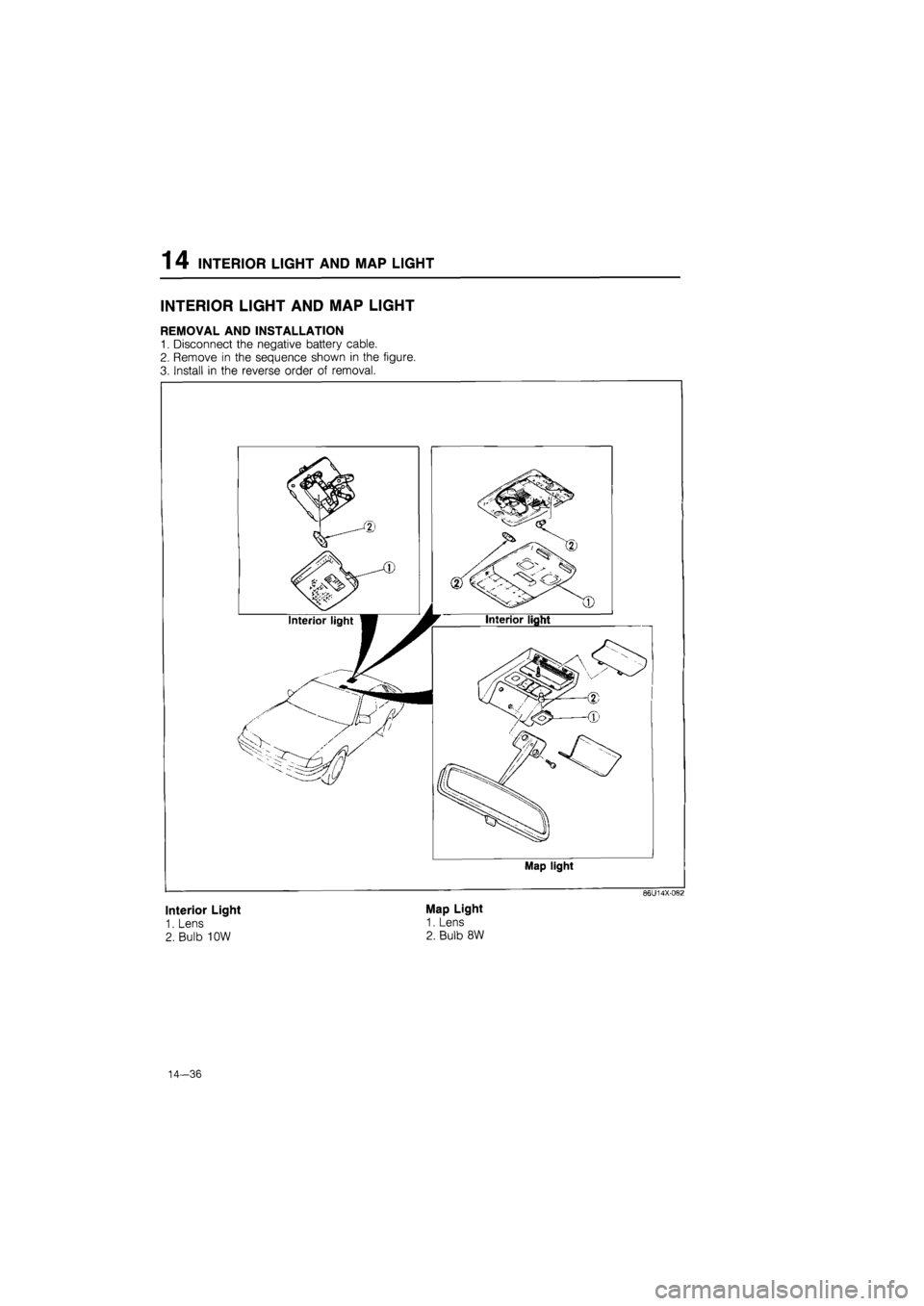 MAZDA 626 1987  Workshop Manual 
1 4 INTERIOR
 LIGHT AND
 MAP LIGHT 
INTERIOR LIGHT AND MAP LIGHT 
REMOVAL AND INSTALLATION 
1. Disconnect the negative battery cable. 
2. Remove in the sequence shown in the figure. 
3. Install in th
